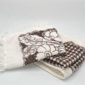 Vintage 70s MCM Flower Brown White Hand Towels Boho Groovy Fringe Set Of 3